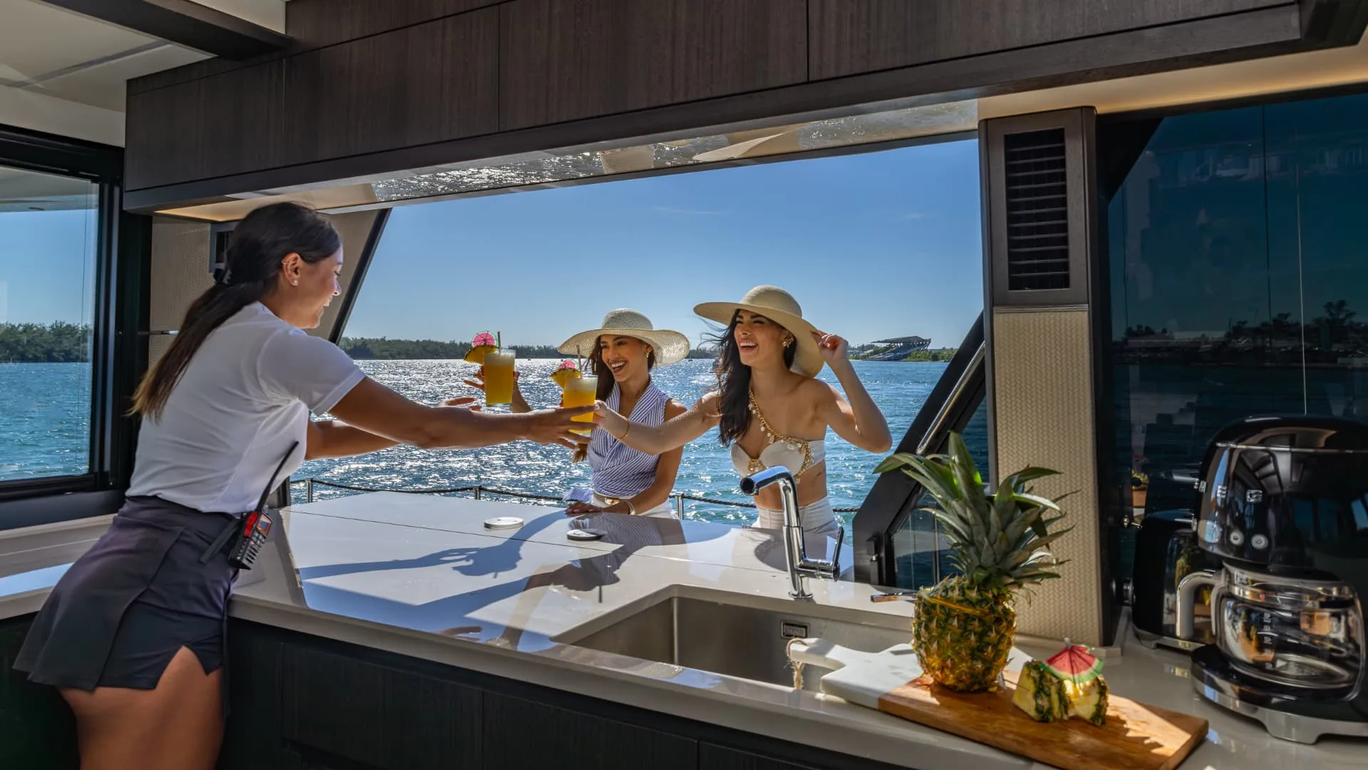 68′ Galeon balcony bar with guests