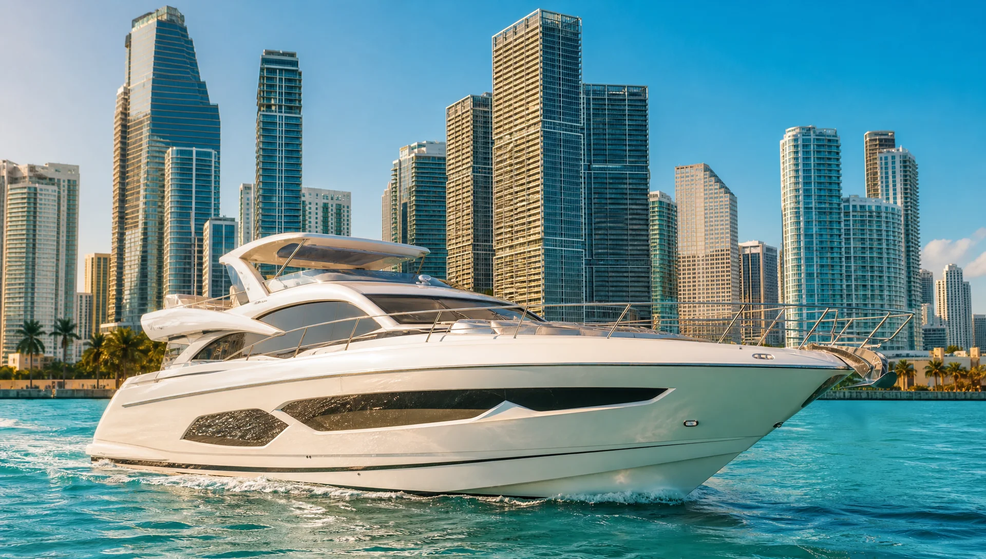 Luxury yacht cruising on turquoise Miami waters with the downtown skyline in the afternoon sun