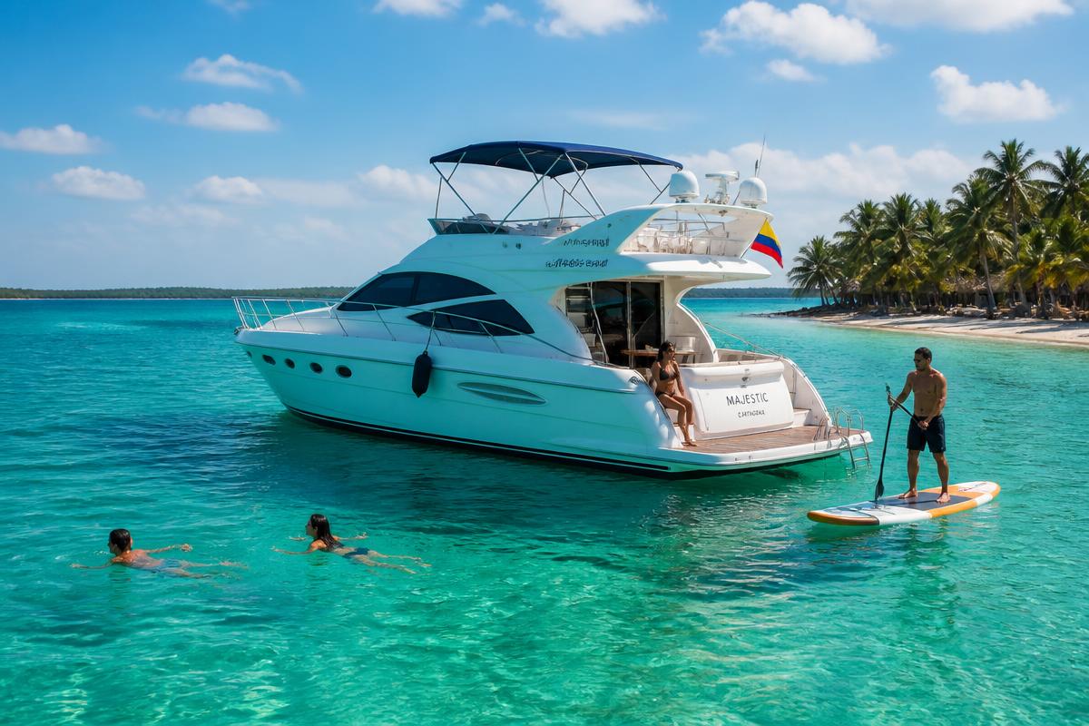 Guests swimming and paddleboarding beside a yacht anchored off Barú