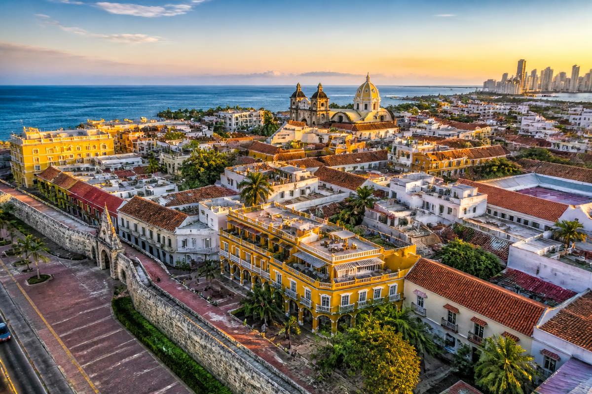 Cartagena's walled colonial city seen from above at golden hour