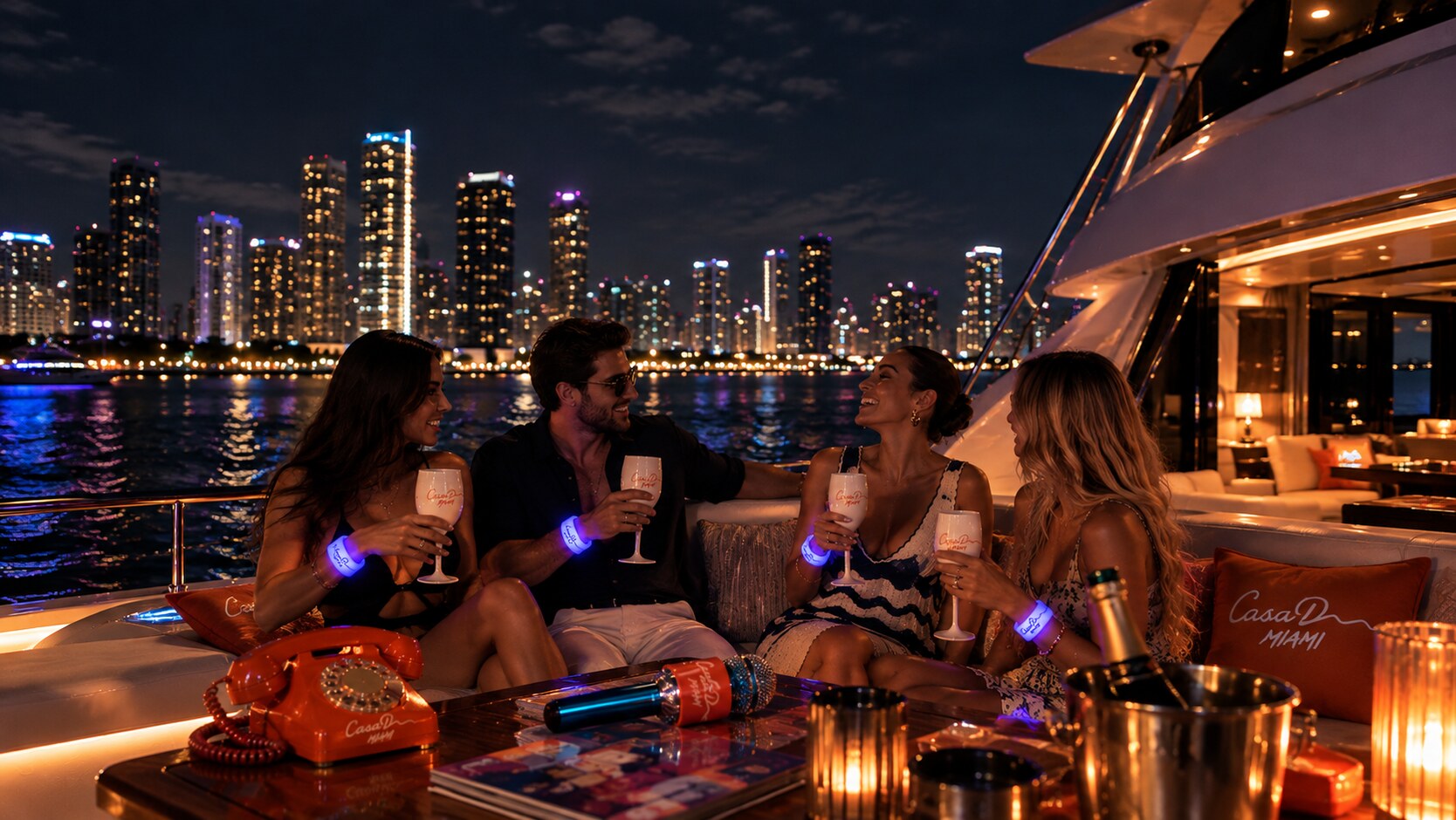 Guests celebrating aboard a private luxury yacht at night with the Miami skyline lit behind them
