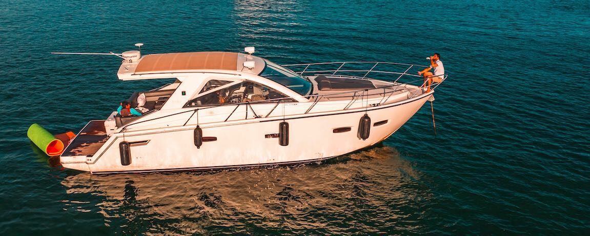 40' Sealine yacht at anchor with water toys
