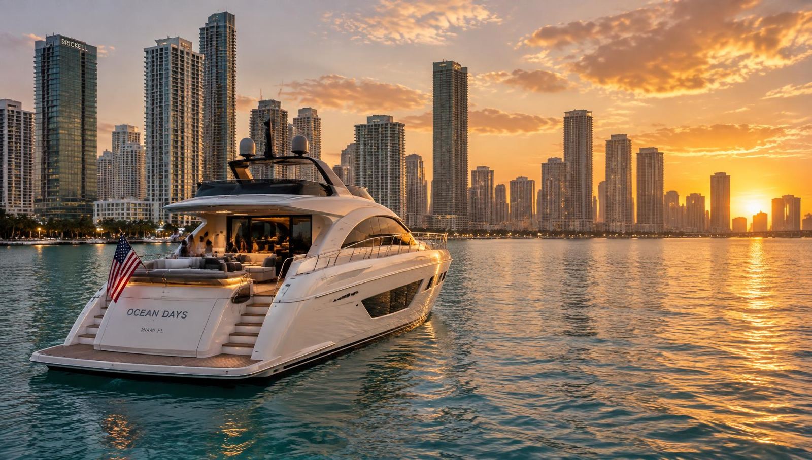 Private yacht anchored on Biscayne Bay with the Miami Brickell skyline at golden hour